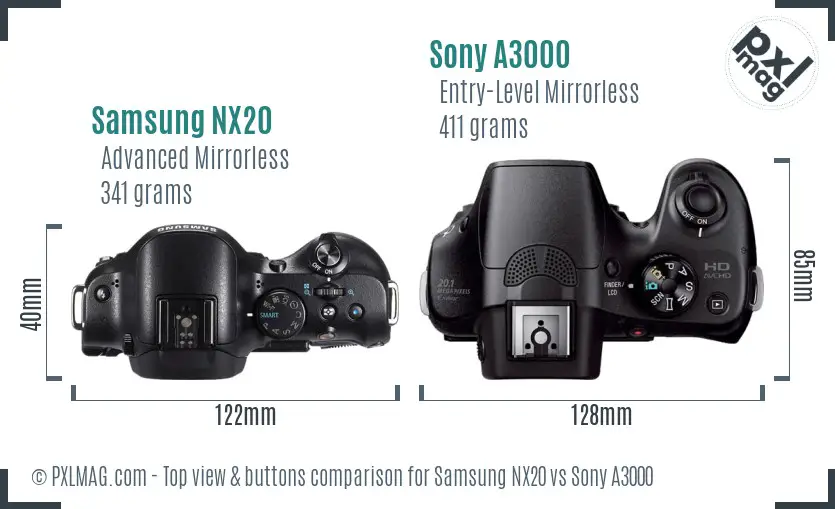 Samsung NX20 vs Sony A3000 top view buttons comparison