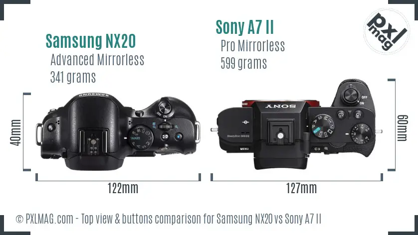 Samsung NX20 vs Sony A7 II top view buttons comparison