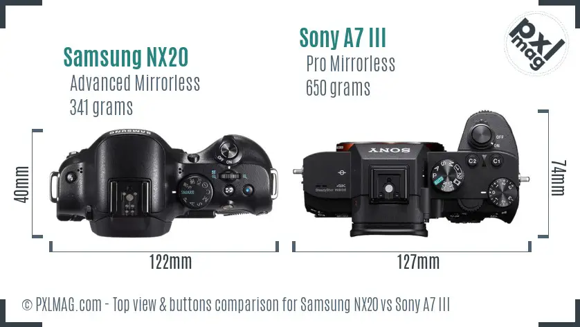 Samsung NX20 vs Sony A7 III top view buttons comparison