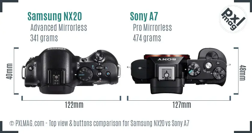 Samsung NX20 vs Sony A7 top view buttons comparison