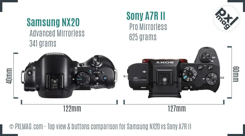 Samsung NX20 vs Sony A7R II top view buttons comparison