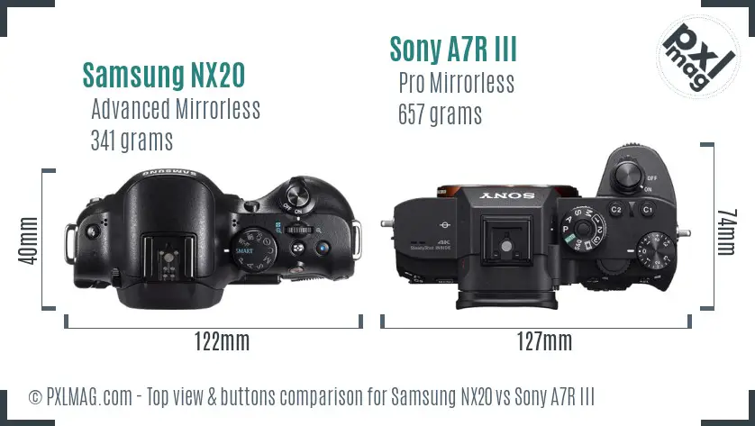 Samsung NX20 vs Sony A7R III top view buttons comparison