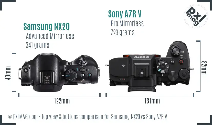 Samsung NX20 vs Sony A7R V top view buttons comparison