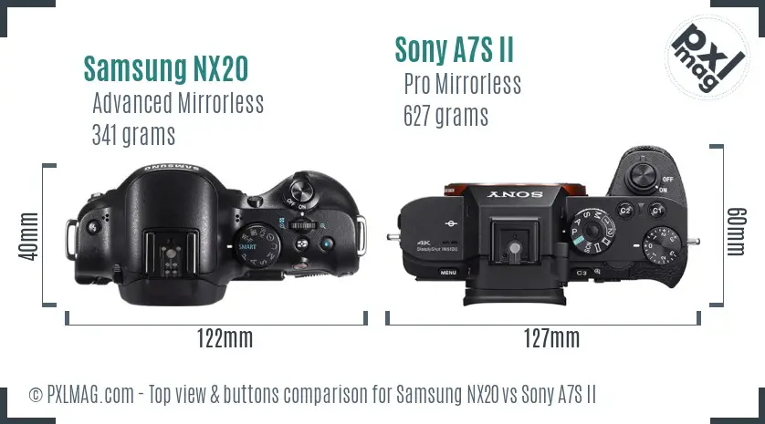 Samsung NX20 vs Sony A7S II top view buttons comparison