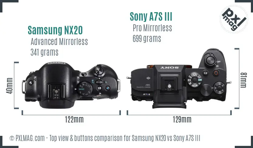 Samsung NX20 vs Sony A7S III top view buttons comparison