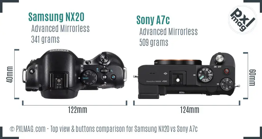 Samsung NX20 vs Sony A7c top view buttons comparison