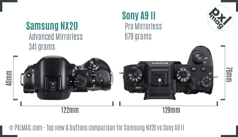 Samsung NX20 vs Sony A9 II top view buttons comparison