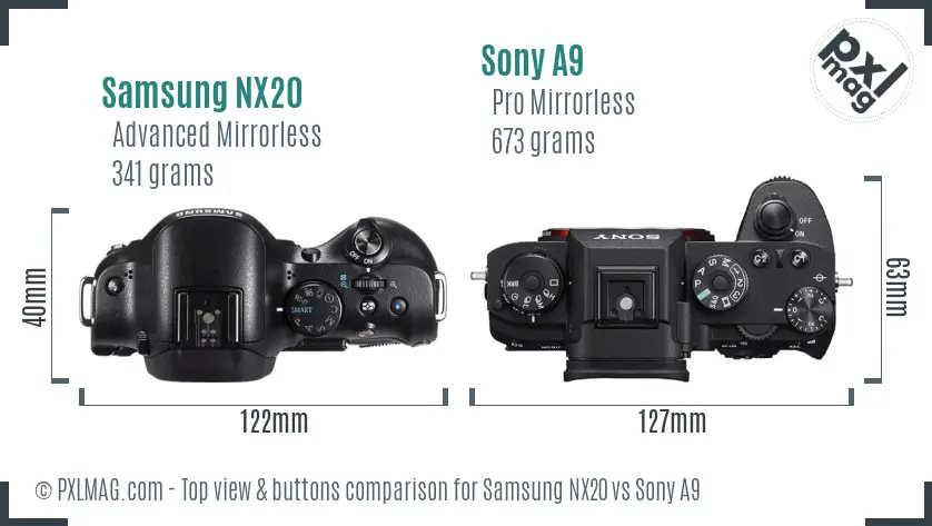 Samsung NX20 vs Sony A9 top view buttons comparison