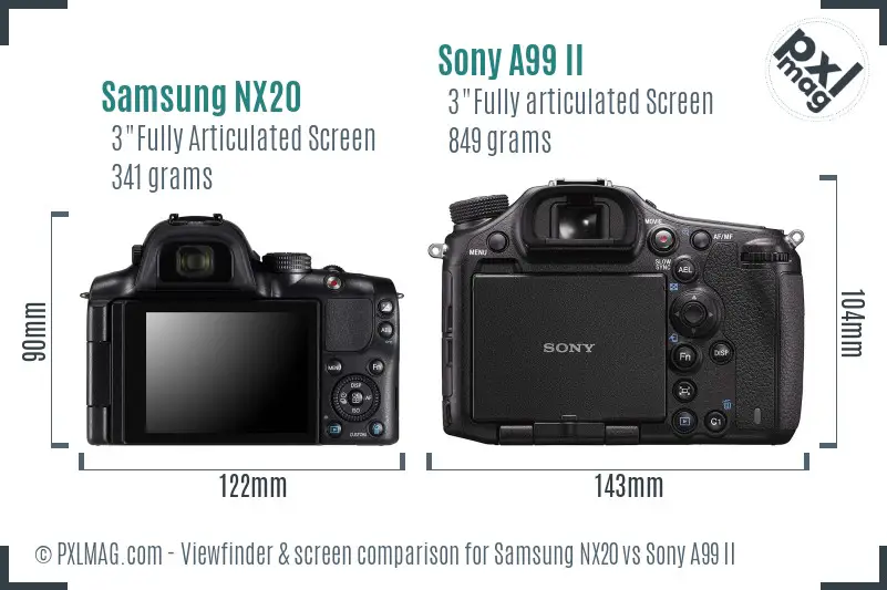 Samsung NX20 vs Sony A99 II Screen and Viewfinder comparison