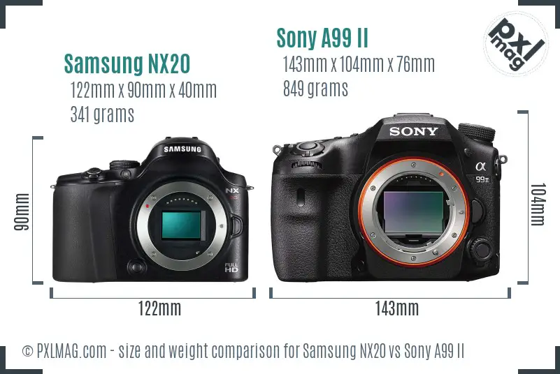 Samsung NX20 vs Sony A99 II size comparison