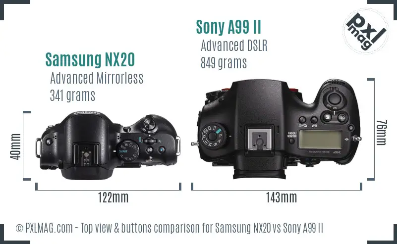 Samsung NX20 vs Sony A99 II top view buttons comparison