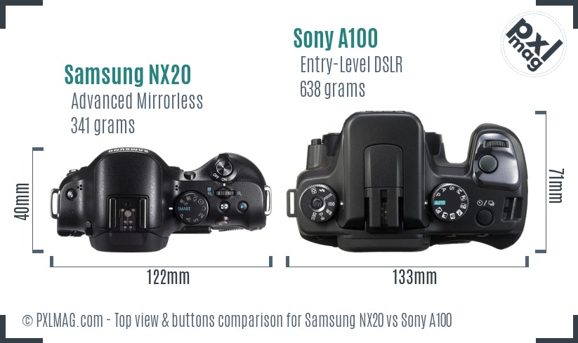 Samsung NX20 vs Sony A100 top view buttons comparison