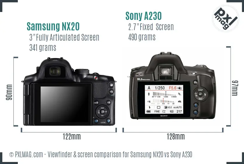 Samsung NX20 vs Sony A230 Screen and Viewfinder comparison