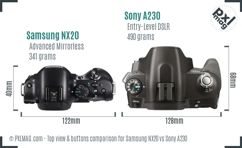 Samsung NX20 vs Sony A230 top view buttons comparison
