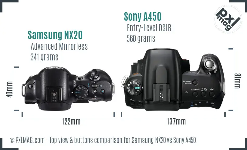 Samsung NX20 vs Sony A450 top view buttons comparison