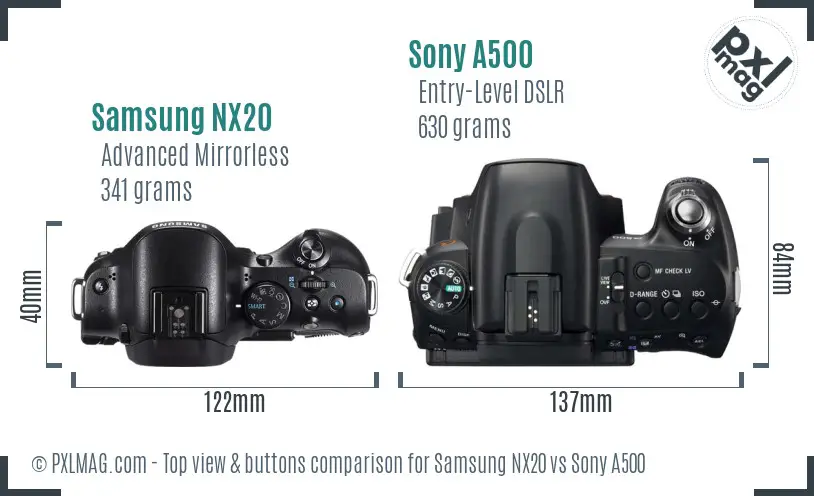 Samsung NX20 vs Sony A500 top view buttons comparison