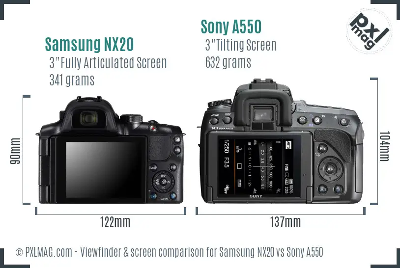 Samsung NX20 vs Sony A550 Screen and Viewfinder comparison