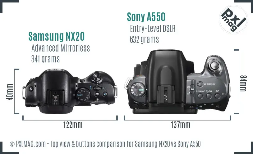 Samsung NX20 vs Sony A550 top view buttons comparison