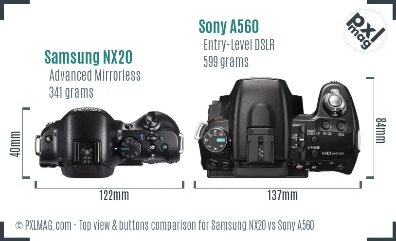 Samsung NX20 vs Sony A560 top view buttons comparison