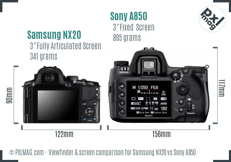 Samsung NX20 vs Sony A850 Screen and Viewfinder comparison