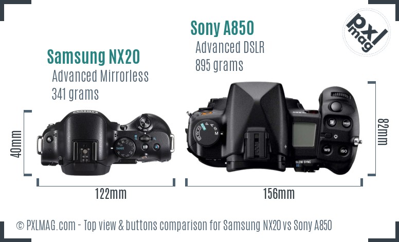 Samsung NX20 vs Sony A850 top view buttons comparison