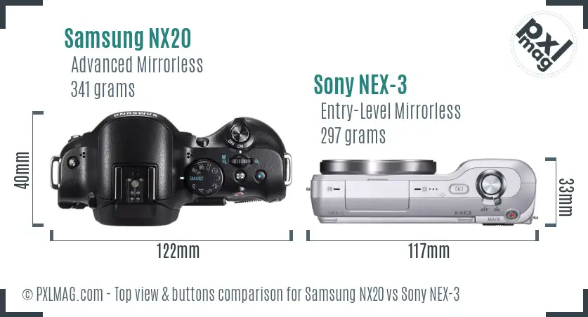 Samsung NX20 vs Sony NEX-3 top view buttons comparison