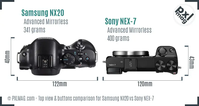 Samsung NX20 vs Sony NEX-7 top view buttons comparison