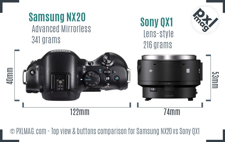 Samsung NX20 vs Sony QX1 top view buttons comparison