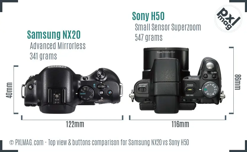 Samsung NX20 vs Sony H50 top view buttons comparison Samsung NX20 vs Sony H50 top view buttons comparison