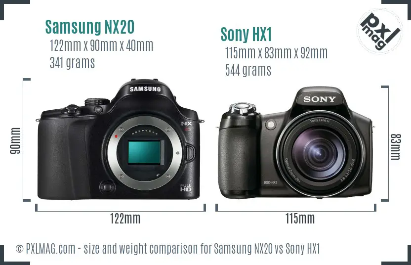 Samsung NX20 vs Sony HX1 size comparison