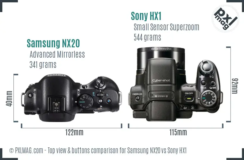 Samsung NX20 vs Sony HX1 top view buttons comparison