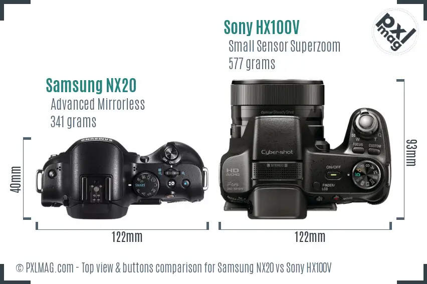 Samsung NX20 vs Sony HX100V top view buttons comparison