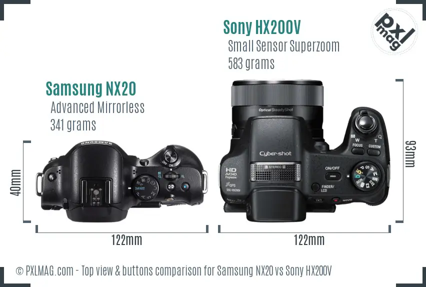 Samsung NX20 vs Sony HX200V top view buttons comparison