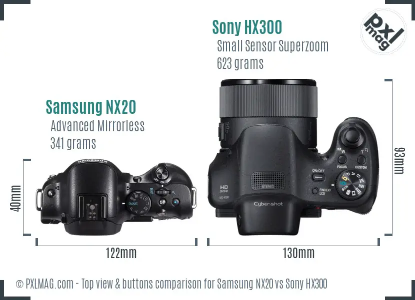 Samsung NX20 vs Sony HX300 top view buttons comparison