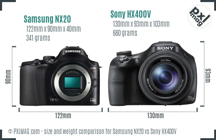 Samsung NX20 vs Sony HX400V size comparison