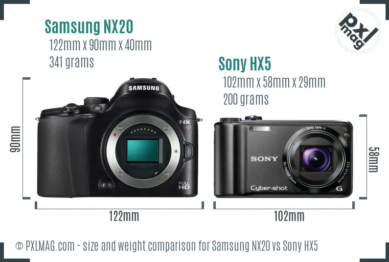 Samsung NX20 vs Sony HX5 size comparison