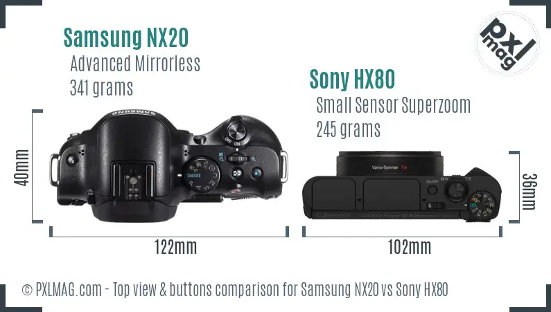 Samsung NX20 vs Sony HX80 top view buttons comparison