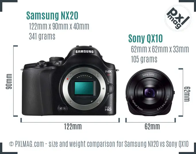 Samsung NX20 vs Sony QX10 size comparison