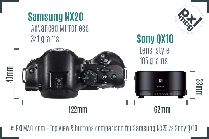 Samsung NX20 vs Sony QX10 top view buttons comparison