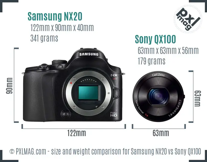 Samsung NX20 vs Sony QX100 size comparison
