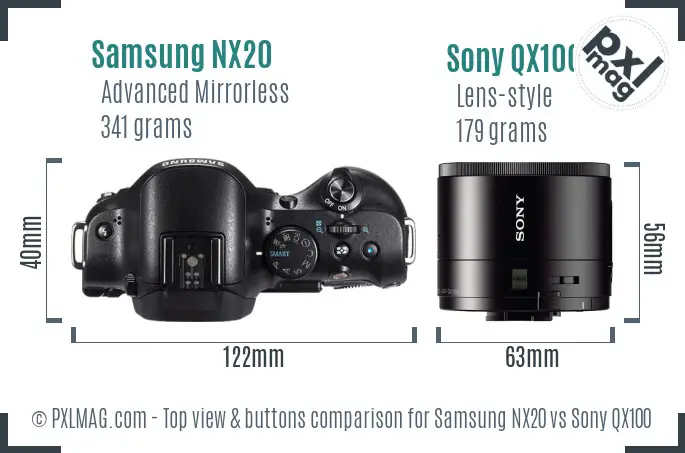 Samsung NX20 vs Sony QX100 top view buttons comparison