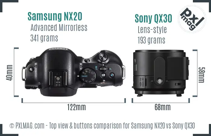 Samsung NX20 vs Sony QX30 top view buttons comparison