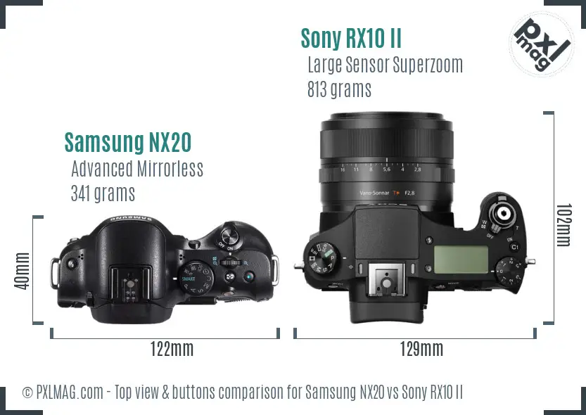 Samsung NX20 vs Sony RX10 II top view buttons comparison