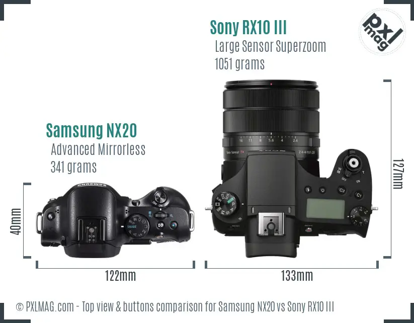 Samsung NX20 vs Sony RX10 III top view buttons comparison