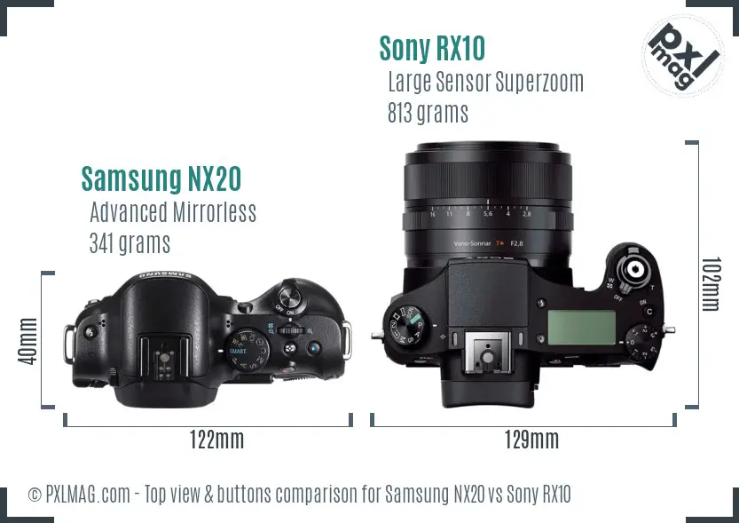 Samsung NX20 vs Sony RX10 top view buttons comparison