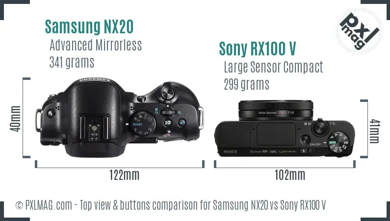Samsung NX20 vs Sony RX100 V top view buttons comparison