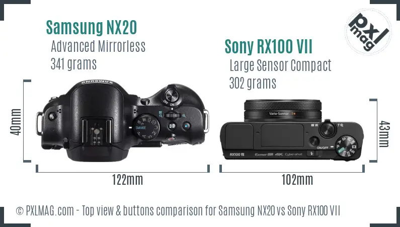 Samsung NX20 vs Sony RX100 VII top view buttons comparison