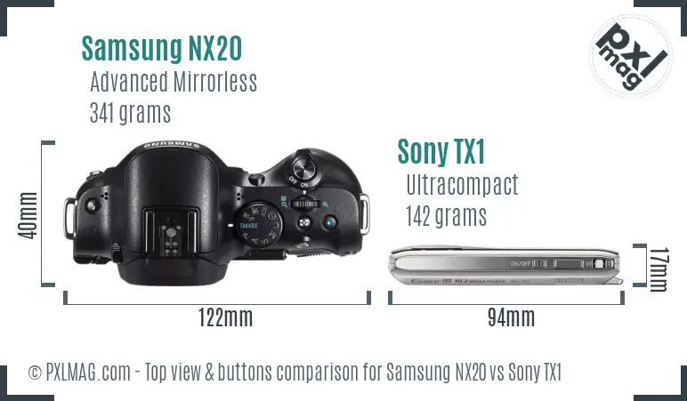 Samsung NX20 vs Sony TX1 top view buttons comparison