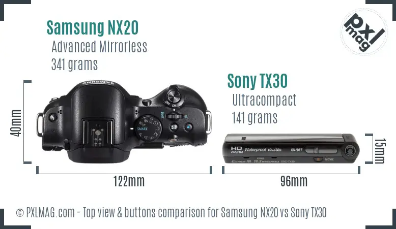 Samsung NX20 vs Sony TX30 top view buttons comparison Samsung NX20 vs Sony TX30 top view buttons comparison