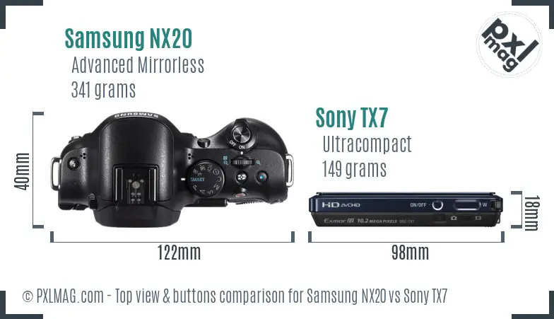 Samsung NX20 vs Sony TX7 top view buttons comparison